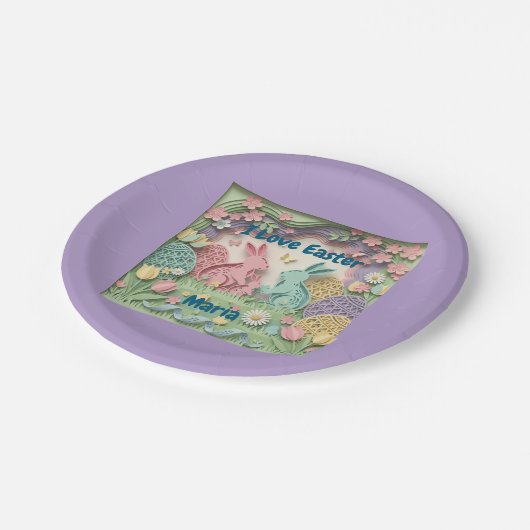 Whimsical 3D Paper Cut Bunny & Easter Eggs Party Pappteller (Schrägansicht)