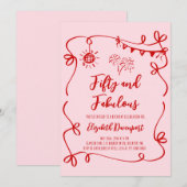 Whimsical 50 and Fabulous Doodle and Bow Birthday Einladung (Vorne/Hinten)