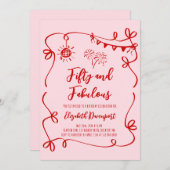 Whimsical 50 and Fabulous Doodle and Bow Birthday Einladung (Vorne/Hinten)