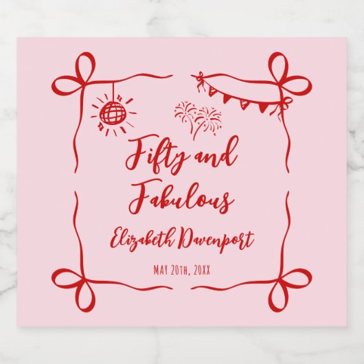 Whimsical 50 and Fabulous Doodle and Bow Birthday Schaumweinetikett (Einzelnes Label)