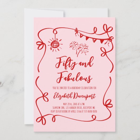 Whimsical 50 und Fabelhaft Doodle und Bogen Geburt Einladung (Vorderseite)