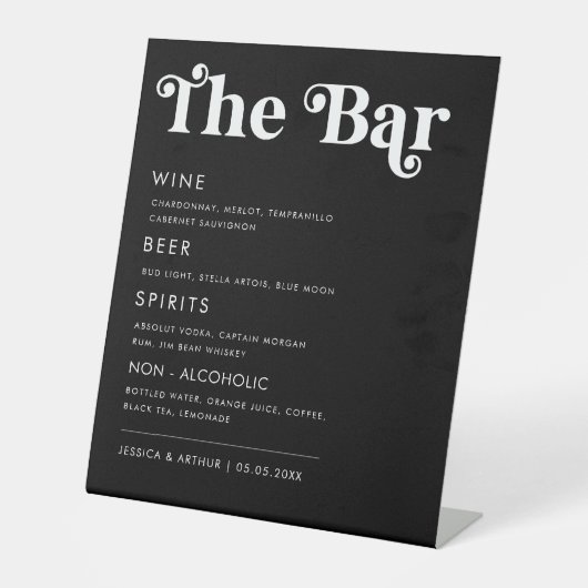 Whimsical 70er Retro Script Wedding Bar Drink Menu Sockelschild (Vorderseite)