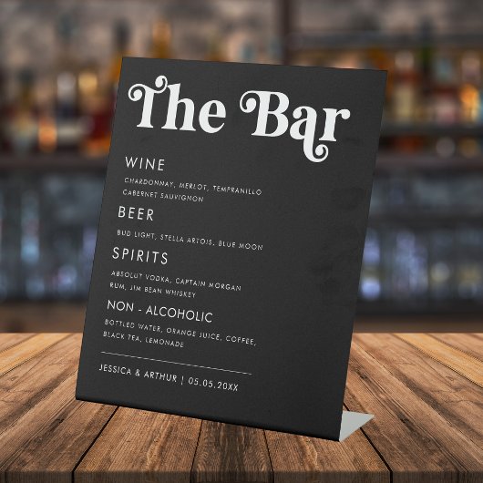 Whimsical 70er Retro Script Wedding Bar Drink Menu Sockelschild