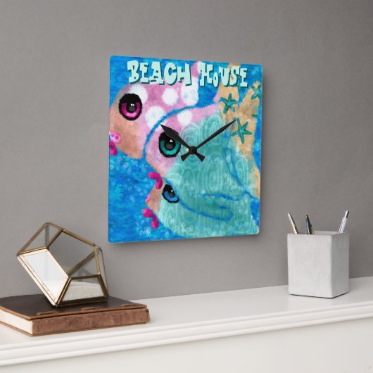 Whimsical Abstract Fish Trio Blue Personalized Quadratische Wanduhr (Büro)