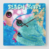 Whimsical Abstract Fish Trio Blue Personalized Quadratische Wanduhr (Vorderseite)