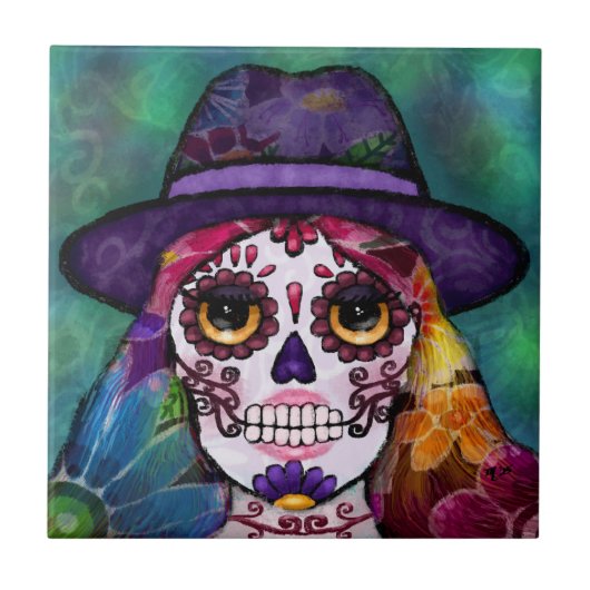 Whimsical Abstract Floral Hippie Sugar Skull Fliese (Vorderseite)