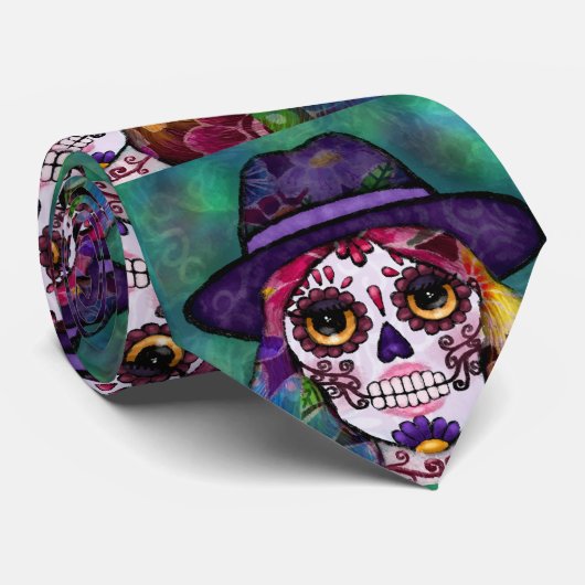 Whimsical Abstract Floral Hippie Sugar Skull Krawatte (Gerollt)
