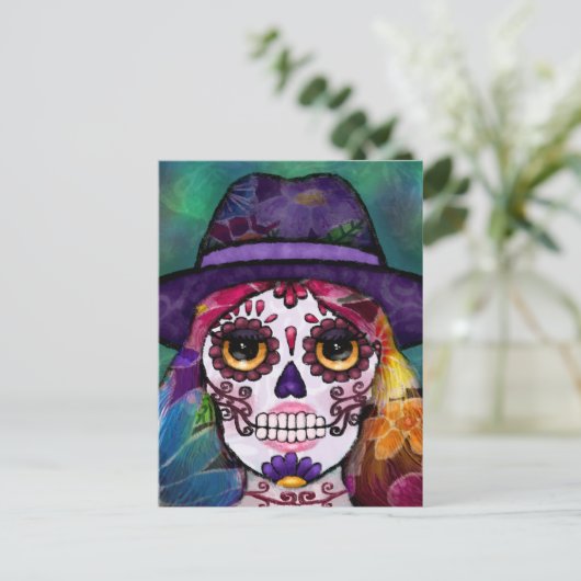 Whimsical Abstract Floral Hippie Sugar Skull Postkarte (Stehend Vorderseite)