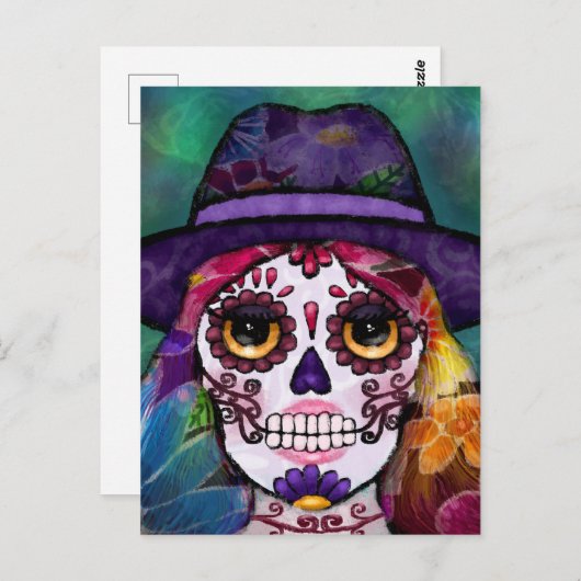 Whimsical Abstract Floral Hippie Sugar Skull Postkarte (Vorne/Hinten)