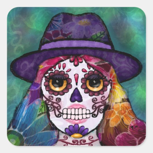 Whimsical Abstract Floral Hippie Sugar Skull Quadratischer Aufkleber (Vorderseite)