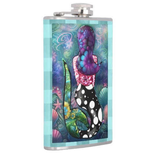 Whimsical Abstract Mermaid Nautical Teal Seashells Flachmann (Rechts)