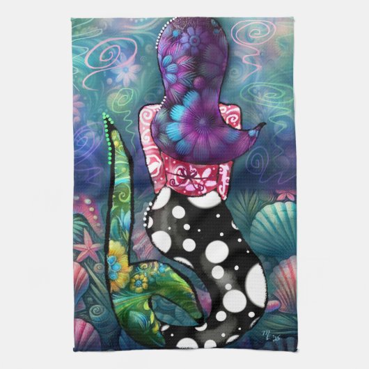 Whimsical Abstract Mermaid Nautical Teal Seashells Geschirrtuch (Vertikal)