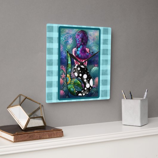 Whimsical Abstract Mermaid Nautical Teal Seashells Quadratische Wanduhr (Büro)