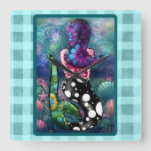 Whimsical Abstract Mermaid Nautical Teal Seashells Quadratische Wanduhr (Vorderseite)