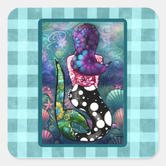 Whimsical Abstract Mermaid Nautical Teal Seashells Quadratischer Aufkleber (Vorderseite)