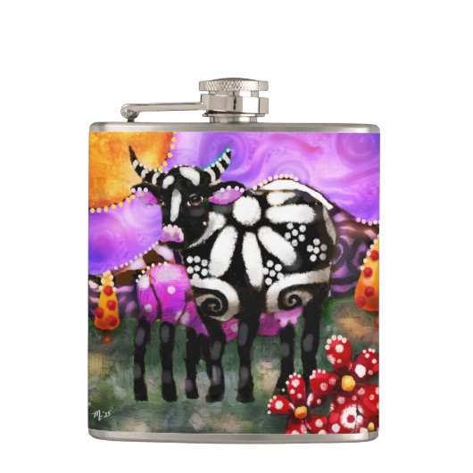 Whimsical Abstract Momma & Baby Cow Funky Farm Flachmann (Vorderseite)