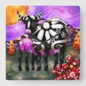 Whimsical Abstract Momma & Baby Cow Funky Farm Quadratische Wanduhr (Vorderseite)