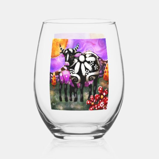 Whimsical Abstract Momma & Baby Cow Funky Farm Weinglas Ohne Stiel (Vorderseite)