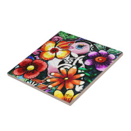 Whimsical Abstract Puffin Bird In Flowers Fliese