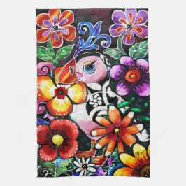 Whimsical Abstract Puffin Bird In Flowers Geschirrtuch