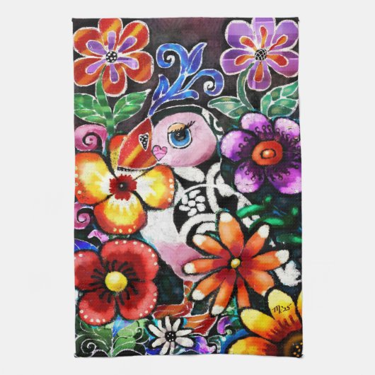 Whimsical Abstract Puffin Bird In Flowers Geschirrtuch (Vertikal)
