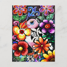 Whimsical Abstract Puffin Bird in Flowers Postkarte