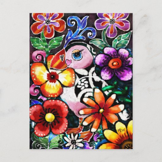 Whimsical Abstract Puffin Bird in Flowers Postkarte (Vorderseite)