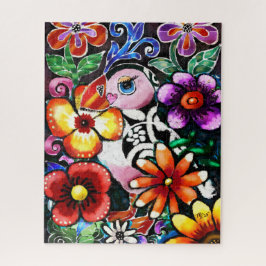 Whimsical Abstract Puffin Bird In Flowers Puzzle