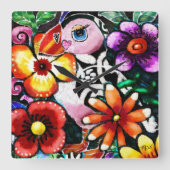 Whimsical Abstract Puffin Bird In Flowers Quadratische Wanduhr (Vorderseite)