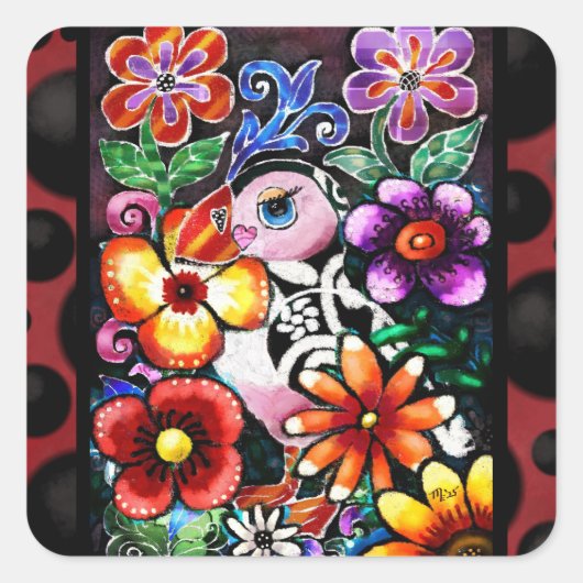 Whimsical Abstract Puffin Bird in Flowers Quadratischer Aufkleber (Vorderseite)