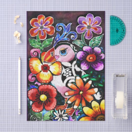 Whimsical Abstract Puffin Bird In Flowers Seidenpapier (Handwerk)