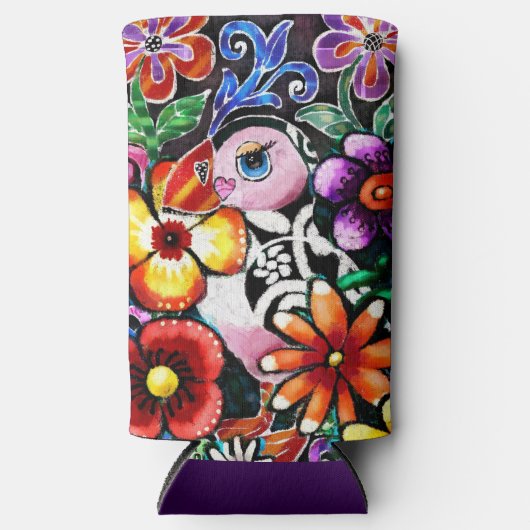 Whimsical Abstract Puffin Bird In Flowers Selters Dosenkühler (Vorderseite)