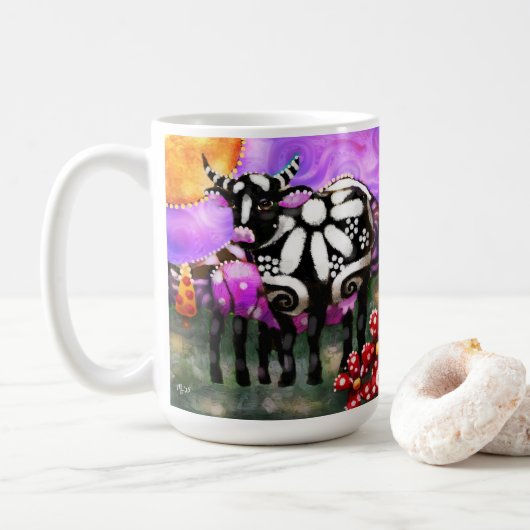 Whimsical Abstracte Mutter und Babykuh Funky-Farm Kaffeetasse (Mit Donut)