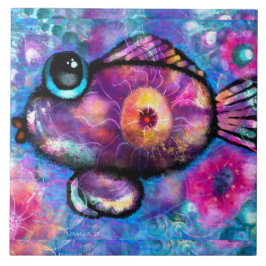 Whimsical Abstrakt Big Eye Fisch Lila Aquamarin Ro Fliese