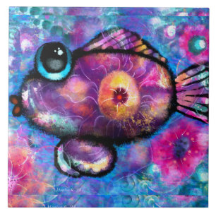 Whimsical Abstrakt Big Eye Fisch Lila Aquamarin Ro Fliese