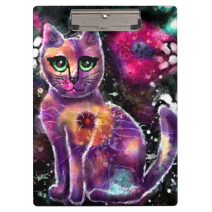 Whimsical Abstrakt floral Kitty Cat Black Pink Klemmbrett
