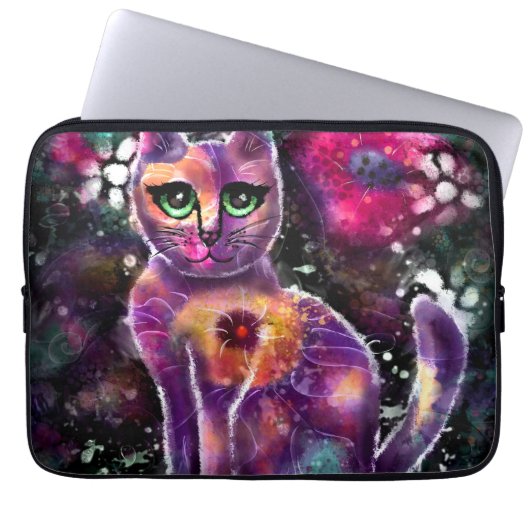 Whimsical Abstrakt floral Kitty Cat Black Pink Laptopschutzhülle (Vorderseite)