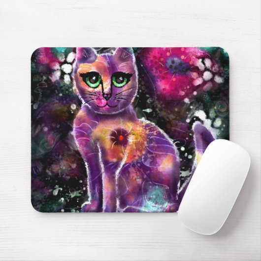 Whimsical Abstrakt floral Kitty Cat Black Pink Mousepad (Mit Mouse)