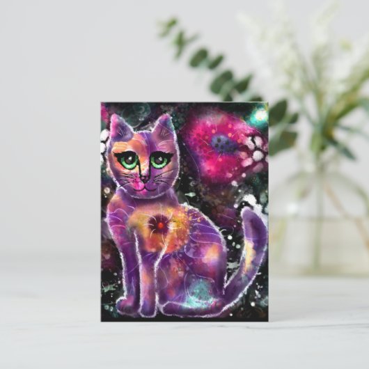 Whimsical Abstrakt floral Kitty Cat Black Pink Postkarte (Stehend Vorderseite)