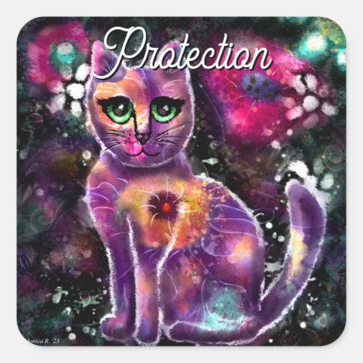 Whimsical Abstrakt floral Kitty Cat Black Pink Quadratischer Aufkleber (Vorderseite)