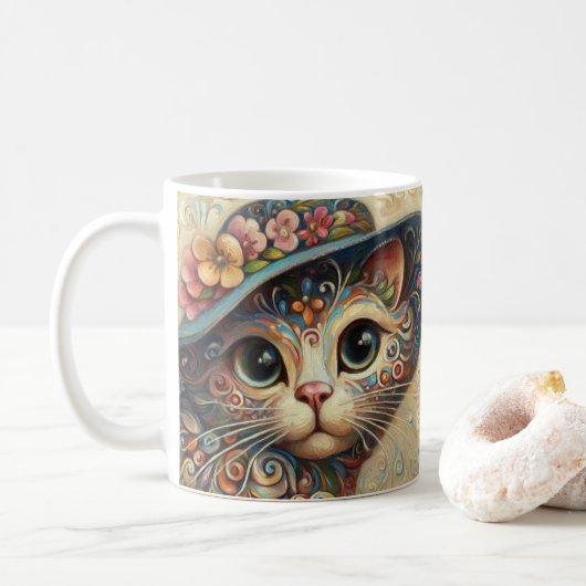 Whimsical Abstrakt Kitty Cat mit Hut Kaffeetasse (Mit Donut)
