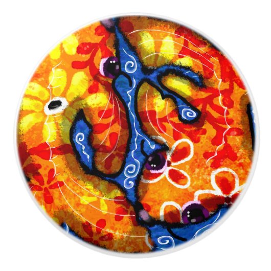 Whimsical Abstrakt Koi Fish Blue Orange Floral Keramikknauf (Vorderseite)