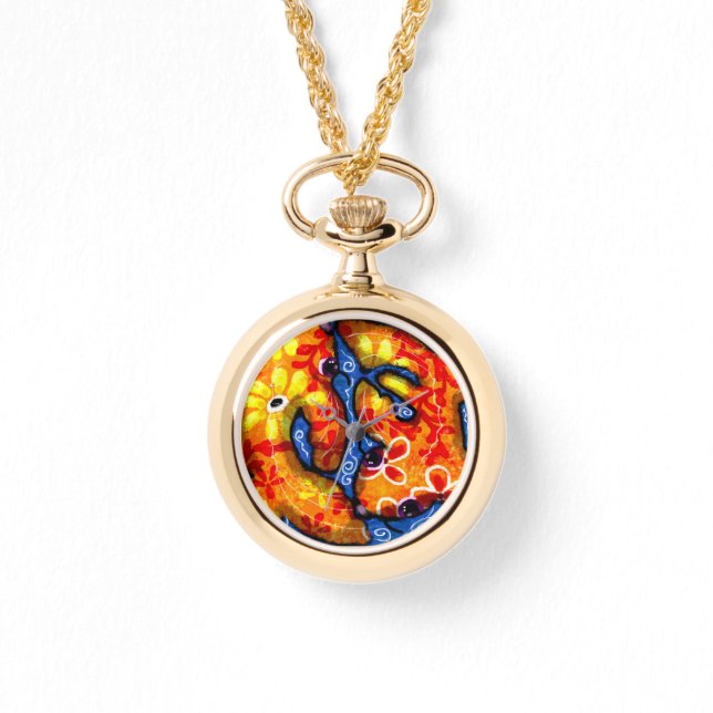 Whimsical Abstrakt Koi Goldfish Orange Blue Floral Armbanduhr (Vorderseite)