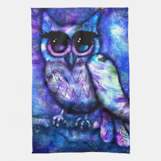 Whimsical Abstrakt Owl Big Mit Augen Blue Lila Geschirrtuch (Vertikal)