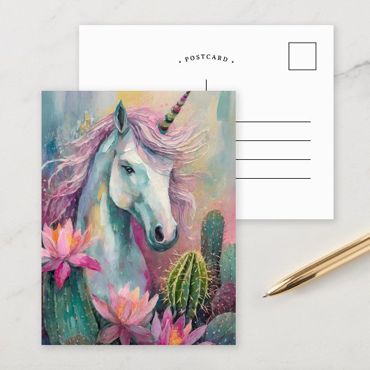 Whimsical Abstrakt Unicorn und Sukkuline Postkarte