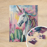 Whimsical Abstrakt Unicorn und Sukkuline Puzzle<br><div class="desc">Ein modernes abstraktes Gemälde mit einem whimsikalen Einhorn, umgeben von pastellfarbenen Kakteen und Sukkulenten. Das Einhorn, in fließenden Linien und lebhaften Farben gestrichen, hebt sich durch die sanften Farbtöne von Rosa, Minze Grüntöne und blasser Blues in den Wüstenregionen ab. Diese spielerische, fantasievolle Komposition verbindet die mystische Aura des Einhorns mit...</div>