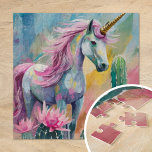 Whimsical Abstrakt Unicorn und Sukkuline Puzzle<br><div class="desc">Ein modernes abstraktes Gemälde mit einem whimsikalen Einhorn, umgeben von pastellfarbenen Kakteen und Sukkulenten. Das Einhorn, in fließenden Linien und lebhaften Farben gestrichen, hebt sich durch die sanften Farbtöne von Rosa, Minze Grüntöne und blasser Blues in den Wüstenregionen ab. Diese spielerische, fantasievolle Komposition verbindet die mystische Aura des Einhorns mit...</div>