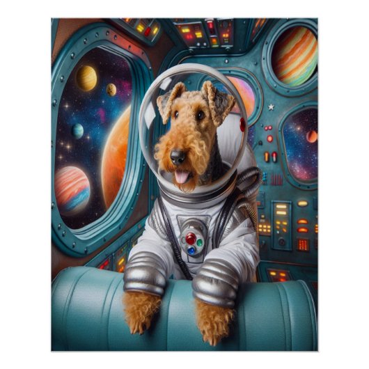 Whimsical Airedale Terrier arbeitet als Astronauti Poster (Vorderseite)