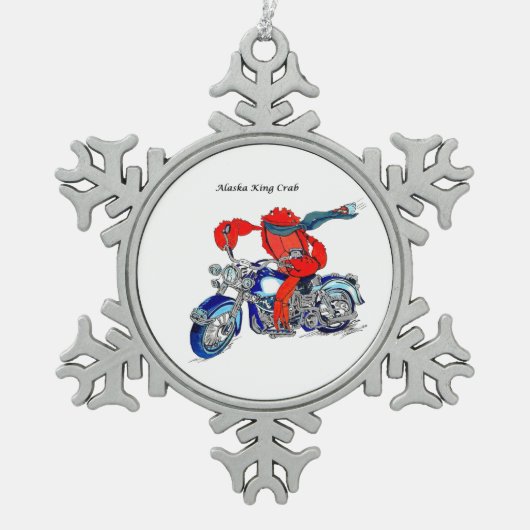 Whimsical Alaska King Krab Motorrad entwickelt Schneeflocken Zinn-Ornament (Vorderseite)