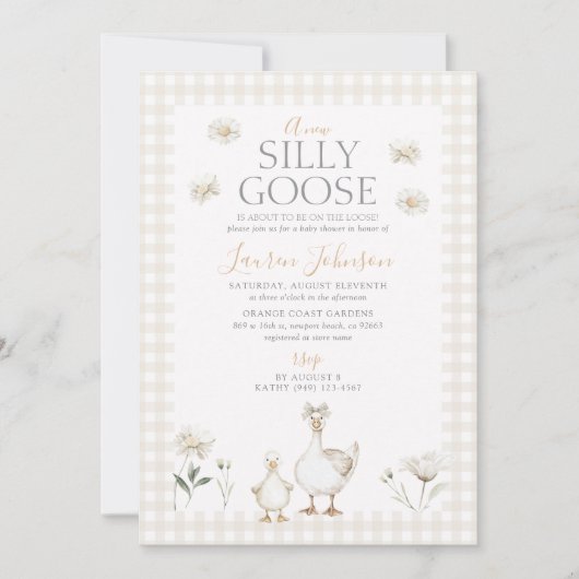 Whimsical Albern Gänse Beige Gingham Baby Dusche Einladung (Vorderseite)